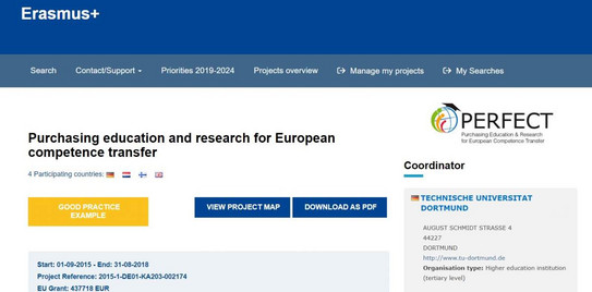 Screenshot von der EU Website - PERFECT hat die Auszeichnung "Good Practice"