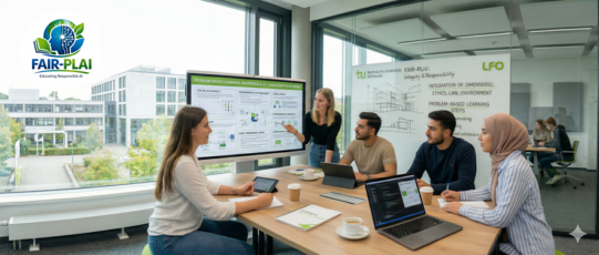 In einem modernen Seminarraum an der Technischen Universität Dortmund arbeitet eine Gruppe von Studierenden an einem Problem-Based Learning-Projekt zum Thema Responsible AI.