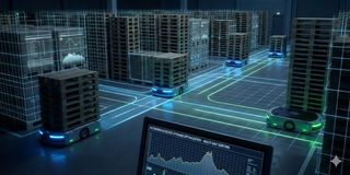 the warehouse, robots, and data overlay