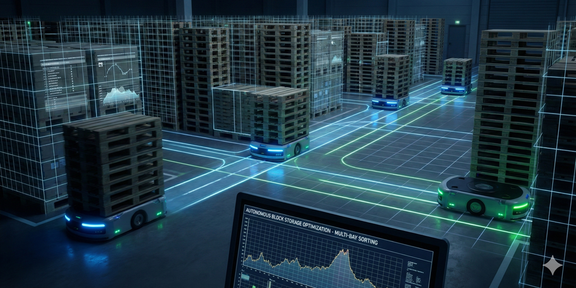 the warehouse, robots, and data overlay